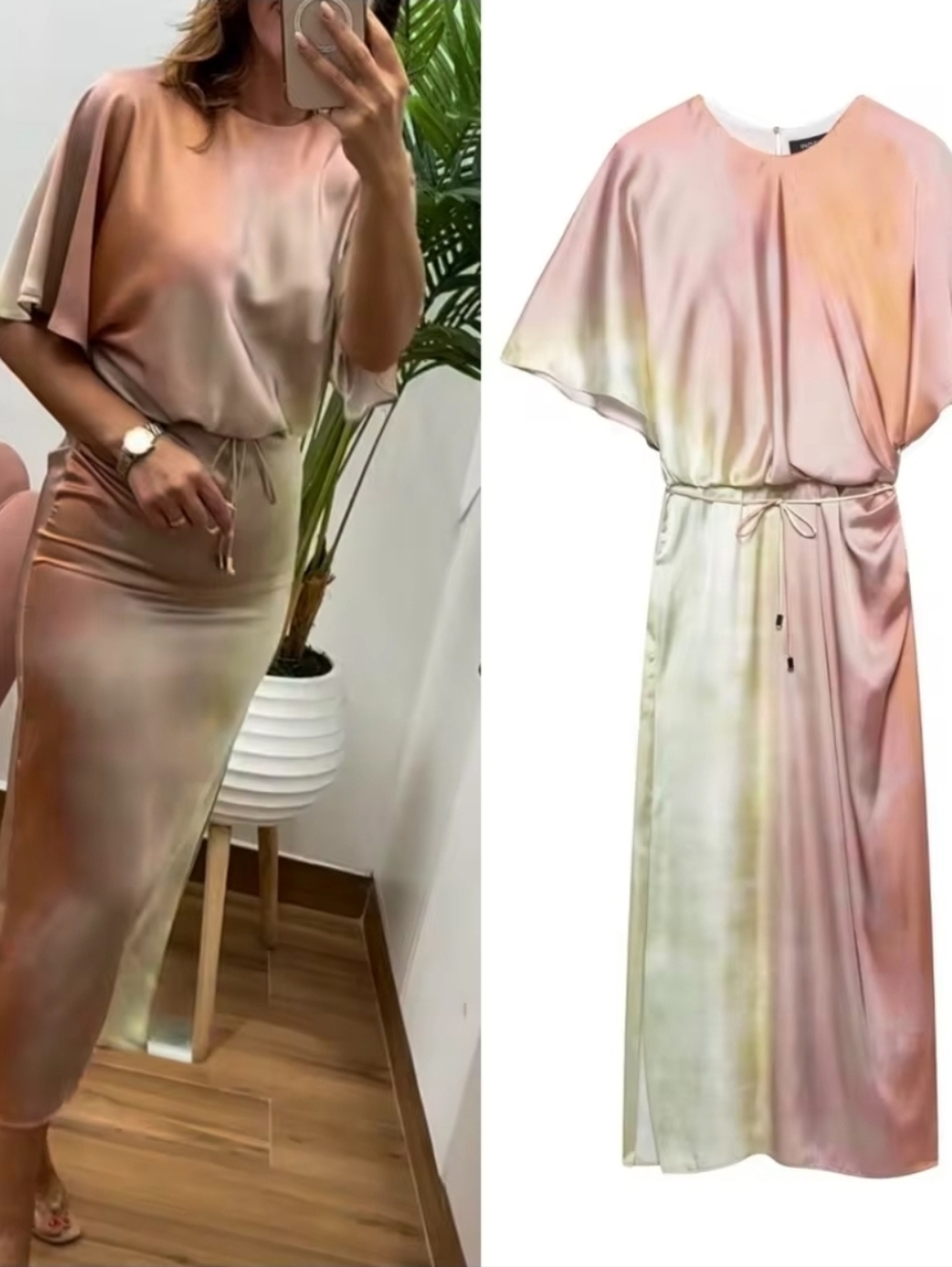 Sz S New Zara TIE DYE PRINT MIDI DRESS GREEN / ECRU